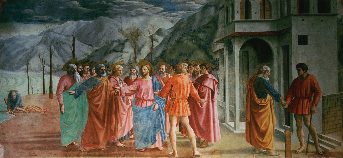 Το «Tribute Money» του Masaccio, ολόκληρη η τοιχογραφία: ο Χριστός και οι απόστολοι σταματούν από έναν φοροεισπράκτορα στο κέντρο, ο Πέτρος στη λίμνη στα αριστερά και πληρώνει στην πύλη της πόλης στα δεξιά